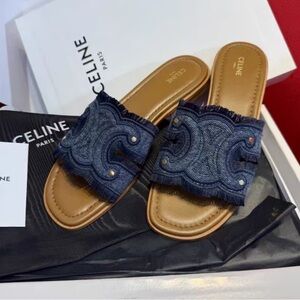 Celine Navy Denim Embroidered Slide Sandals with Tan Footbed